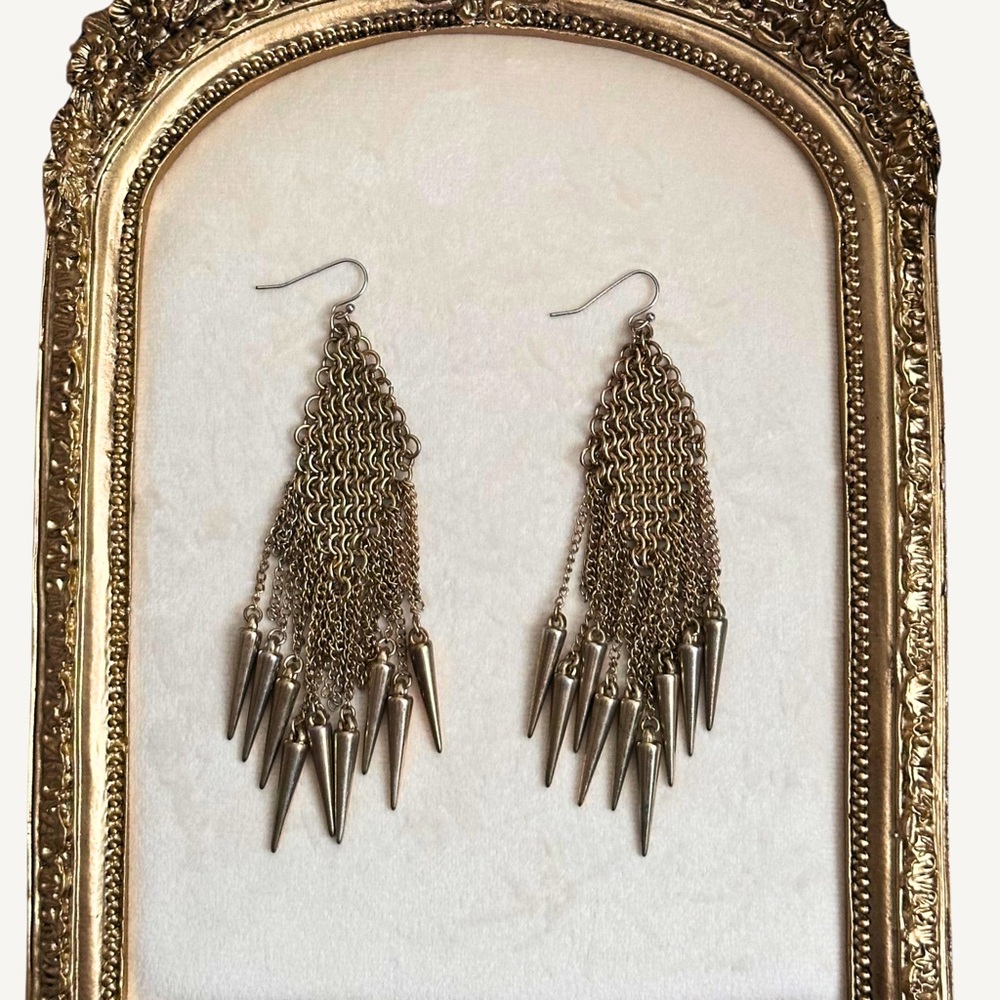 Gold-Tone Chain Fringe Spike Dangle Earrings - Picture 3 of 4